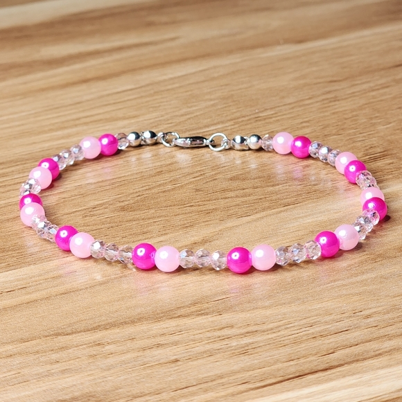 Hand Crafted Jewelry - Barbie Pink Pearls & Crystals Beaded Ankle Bracelet Handmade Anklet